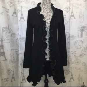 Black Duster Cardigan with Ruffled Edging